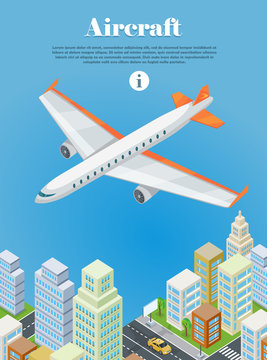 Aircraft Flying Over the City Web Banner. Vector