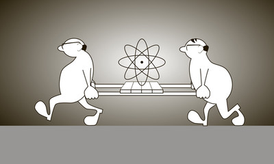 Two scientists bear stretcher with big atom