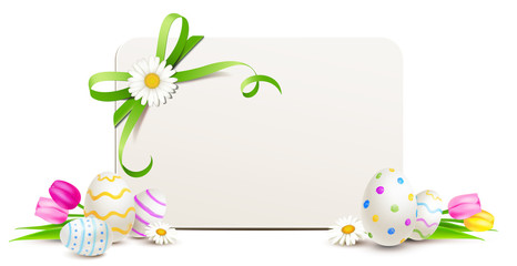 Karte mit Blumen Schleife, bunte Ostereier und Tulpen - Vorlage
