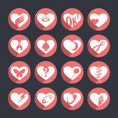 Set of vector icons of hearts with a different meaning.
