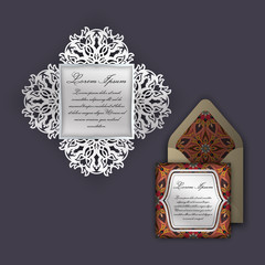 Wedding invitation or greeting card with vintage floral ornament. Paper lace envelope template, mock-up for laser cutting.