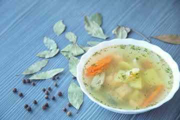 Fresh fish soup with ingredients and spices for cooking