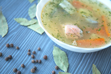Beautiful presentation of the fish soup in a white plate