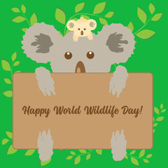 Cute koalas holding message board on abstract green floral background. Vector illustration.