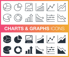 Set of pixel perfect outline and flat charts and graphs icons. Editable stroke.
