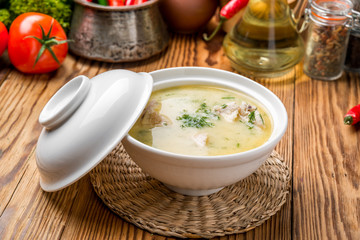 Cheese soup with chicken and vegetables