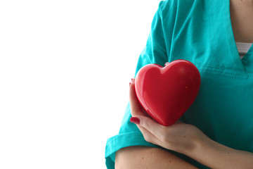 Dr. gently holding a heart on white background