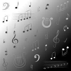 Hand Drawn Set of  Music Symbols. Monochrome Doodle Treble Clef, Bass Clef, Notes and Lyre Vector Illustration.
