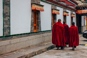 Naklejka premium QINGHAI, CHINA - October 4, 2016: Tibetan monks in the ancient temple building architecture of Kumbum monastery in Qinghai Province, China