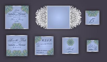 Fototapeta na wymiar Vintage wedding invitation design set include Invitation card, Save the date, RSVP card, Thank you card, Table number, Place cards, Paper lace envelope. Wedding invitation mock-up for laser cutting