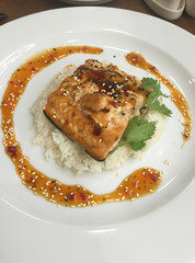 fish with rice and sauce