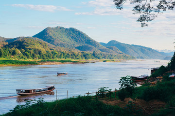 Mekong River and mountains view in Luang Prabang, Laos - obrazy, fototapety, plakaty