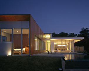 Residence,  Ranch, Los Angeles, California. Exterior at dusk.