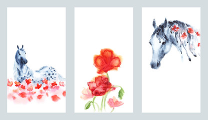 Set of watercolor hand painting cards with hand dapple grey horse and red poppies flowers on white. Hand drawn art background. Copy space, surface with equestrian illustration. © larisa_zorina