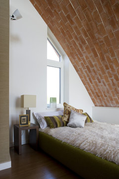 Brick Vaulted Ceiling In The Bedroom Of A Carbon Neutral Home 