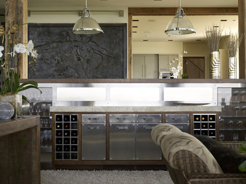 Pendant lights above bar in living room 