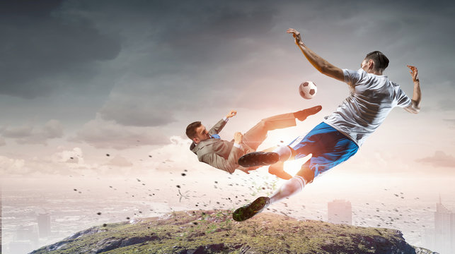 Soccer player kicking ball . Mixed media