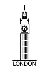 London Big Ben watchtower thin line linear flat illustration - obrazy, fototapety, plakaty