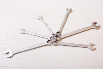 Wrench chrome. Metal spanner instrument. Car tool