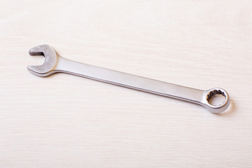Wrench chrome. Metal spanner instrument. Car tool