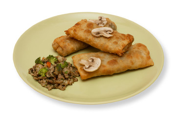 Fried pancakes with mushroom stuffing isolated on white background