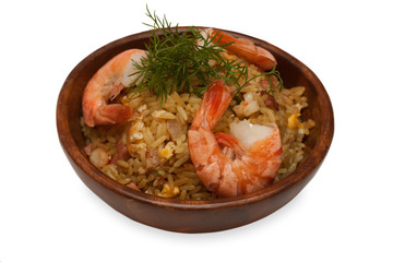 Shrimps with rice isolated on white background