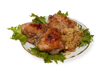 Chicken with rice isolated on white background