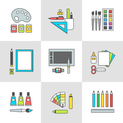 Conceptual icon set, vector illustration of modern items, accessories and devices for design and art. Flat minimalist style with contour for Web and Mobile App