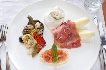 Italian appetizer prosciutto mozzarella bruschetta