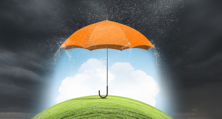 Color umbrella in sky . Mixed media