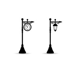 Flat streetlight and clock silhouettes. Lamppost and watch icons.
