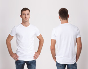 T-shirt design and people concept - close up of young man in blank white t-shirt, shirt, front and rear isolated. Clean shirt mock up for design set.