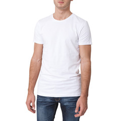 T-shirt design and people concept. Close up of young man in blank white shirt isolated.