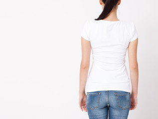 T-shirt design, people concept - closeup of young woman in blank white t-shirt, shirt, rear isolated. Mockup square.