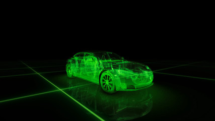 Sport car wire model with green neon ob black background