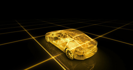 Sport car wire model with yellow neon ob black background