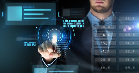 businessman touching virtual screen projection