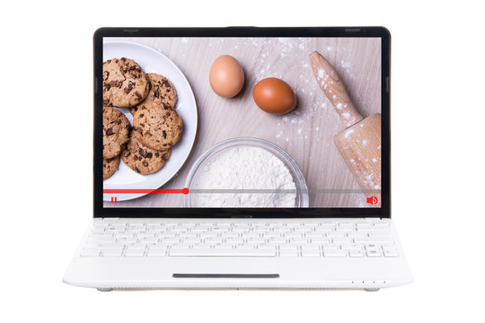 food blog concept - video about cooking on screen of laptop
