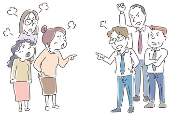 文句を言い合う女性達と男性達