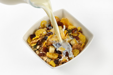 milk pouring into breakfast cereals