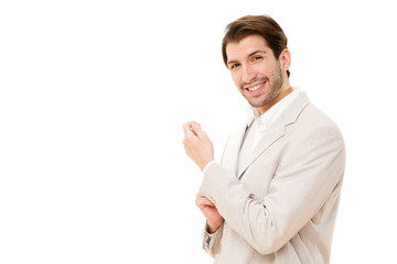 caucasian brunette happy business man portrait isolated on white