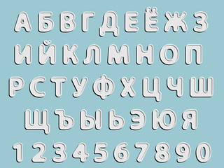 flat vector grey rounded Cyrillic font alphabet letters and numerals with black shadow and white glow