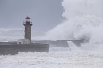 10 Meters Big Wave Over the "Felgueiras" Lighthouse in Oporto, Portugal, Foggy Day