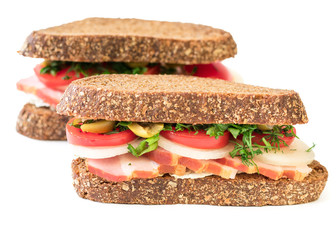 Freshly prepared buterbod ham isolated on white background.