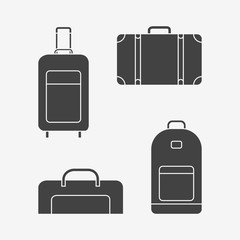 Set of travel bags monochrome icons. Suitcase, luggage case, backpack. Vector illustration.