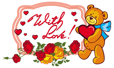 Oval label with red roses and cute teddy bear holding a big heart.