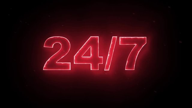 24/7 open and assistance support symbol from red hot glowing letters on black background