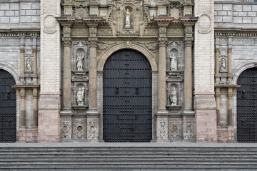 Facade of Lima Cathedral at Plaza de Armas in Limas Historical Center district