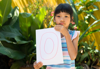 number concept,girl holding number zero on white paper