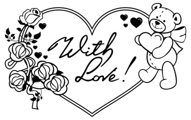 Heart-shaped frame with outline roses, teddy bear holding heart